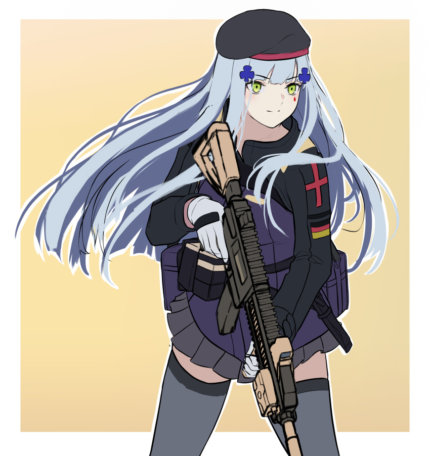 1girl 3_small_spiders absurdres ammunition_belt assault_rifle bangs beret black_headwear black_legwear blue_hair closed_mouth commentary_request crossed_bangs eyebrows_visible_through_hair feet_out_of_frame german_flag girls'_frontline gloves green_eyes gun h&amp;k_hk416 hat highres hk416_(girls'_frontline) holding holding_gun holding_weapon long_hair looking_away rifle simple_background solo standing tactical_clothes teardrop_facial_mark teardrop_tattoo thighhighs uniform weapon white_gloves