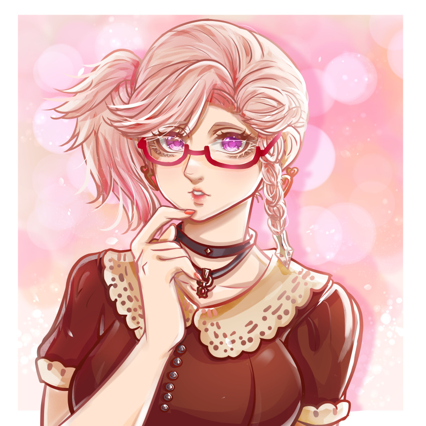 1girl absurdres akira-tama avatar_(ffxiv) bangs braid breasts choker earrings final_fantasy final_fantasy_xiv glasses highres jewelry looking_at_viewer medium_breasts pink_hair purple_eyes red-framed_eyewear roegadyn semi-rimless_eyewear short_hair short_sleeves side_ponytail solo under-rim_eyewear upper_body