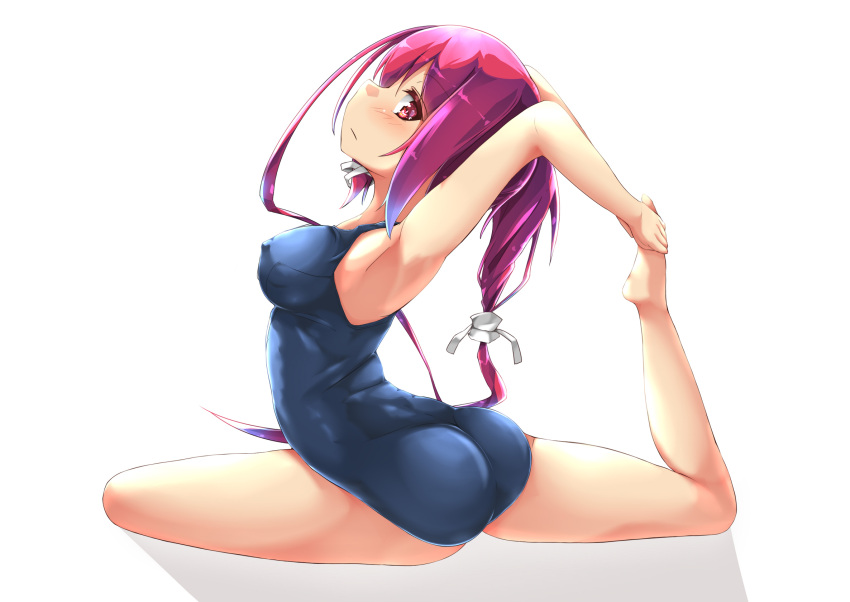 1girl ass blue_swimsuit breasts hair_ribbon highres i-168_(kancolle) kantai_collection long_hair medium_breasts one-piece_swimsuit ponytail red_eyes red_hair ribbon school_swimsuit solo stretch swimsuit unomi yoga