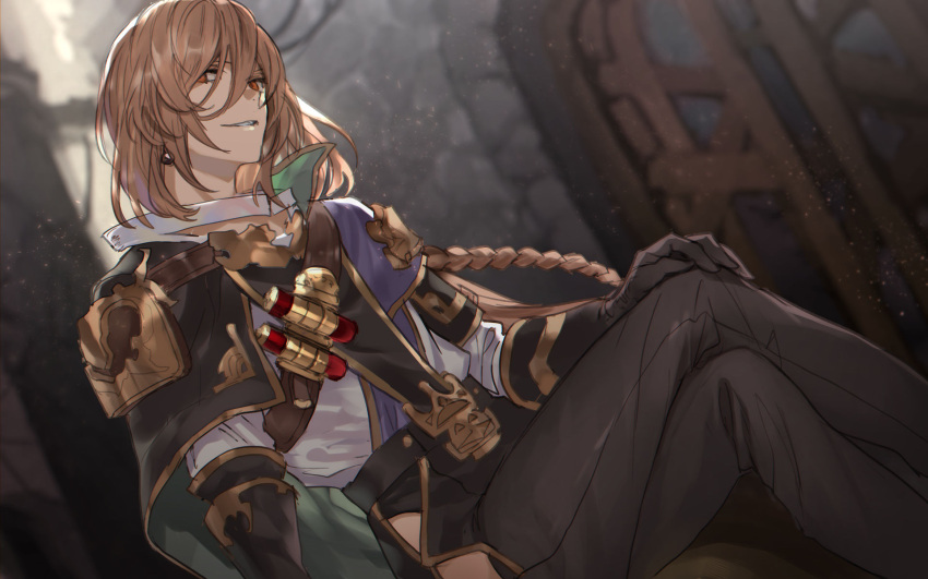 1boy braid brown_eyes brown_hair clothing_cutout crossed_legs doushite earrings gloves granblue_fantasy hand_on_own_knee highres jewelry lamorak_(granblue_fantasy) light_particles long_bangs long_hair looking_to_the_side male_focus shirt single_earring sitting smile smirk solo thigh_cutout vial white_shirt