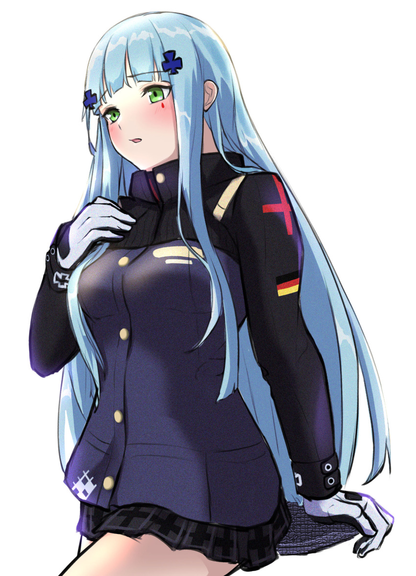 1girl 3_small_spiders bangs blue_hair blush breasts commentary_request crossed_bangs eyebrows_visible_through_hair feet_out_of_frame german_flag girls'_frontline gloves green_eyes hand_on_breast highres hk416_(girls'_frontline) long_hair looking_down open_mouth skirt solo tactical_clothes teardrop_facial_mark teardrop_tattoo uniform upper_body white_background white_gloves