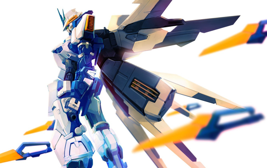 blade funnels green_eyes gundam gundam_astray_blue_frame gundam_seed gundam_seed_astray gundam_seed_vs_astray hironox looking_down mecha no_humans science_fiction standing v-fin weapon white_background