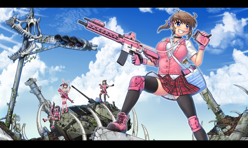 4girls animal_ears assault_rifle bag benelli_m1014 between_breasts black_hair blue_eyes blue_sky boots breasts brown_hair cardigan_vest choker cloud commentary_request day faceless faceless_female fn_scar gloves green_hair grin ground_vehicle gun h&amp;k_hk416 hair_ornament hair_scrunchie handgun hase_yu headband knee_pads large_breasts letterboxed m60 machine_gun medium_breasts military military_vehicle miniskirt motor_vehicle mouth_hold multicolored_clothes multicolored_gloves multiple_girls open_clothes open_shirt original pink_footwear pink_gloves pistol plaid plaid_skirt ponytail rabbit_ears ribs rifle ruins school_uniform scrunchie shotgun sitting skirt skull sky smile strap_between_breasts tank thighhighs traffic_light trigger_discipline weapon zettai_ryouiki