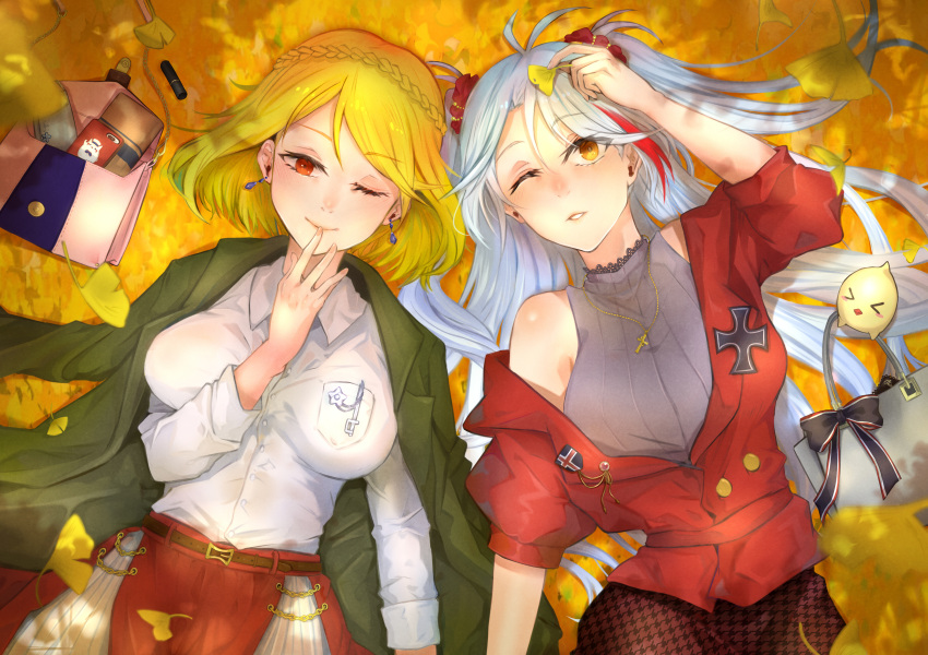 2girls absurdres autumn_leaves azur_lane bag commentary_request genshi_usagi hand_to_own_mouth highres jacket leaf lying manjuu_(azur_lane) multiple_girls on_back one_eye_closed prince_of_wales_(azur_lane) prinz_eugen_(azur_lane)