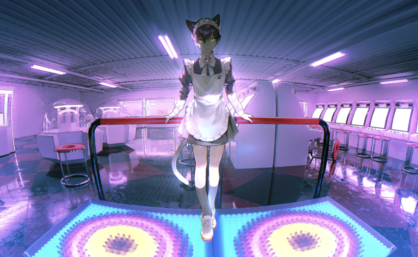 1boy animal_ears apron arcade black_dress black_hair black_legwear bow bowtie cat_boy cat_ears cat_tail closed_mouth commentary_request crossdressing dance_pad dress fisheye fluorescent_lamp frown full_body highres indoors ishida_(segu_ishida) juliet_sleeves kneehighs long_sleeves looking_at_viewer male_focus original puffy_sleeves short_hair solo stool tail white_apron white_bow white_bowtie white_footwear yellow_eyes