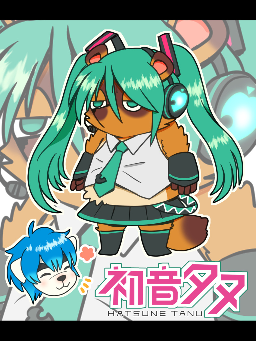 2boys animal_crossing boots commentary_request cosplay crossdressing detached_sleeves green_eyes green_hair hatsune_miku hatsune_miku_(cosplay) headphones headset highres k.k._slider_(animal_crossing) logo_parody male_focus multiple_boys necktie no_mouth outline parody smile thigh_boots thighhighs tom_nook_(animal_crossing) vocaloid white_outline wig zoom_layer
