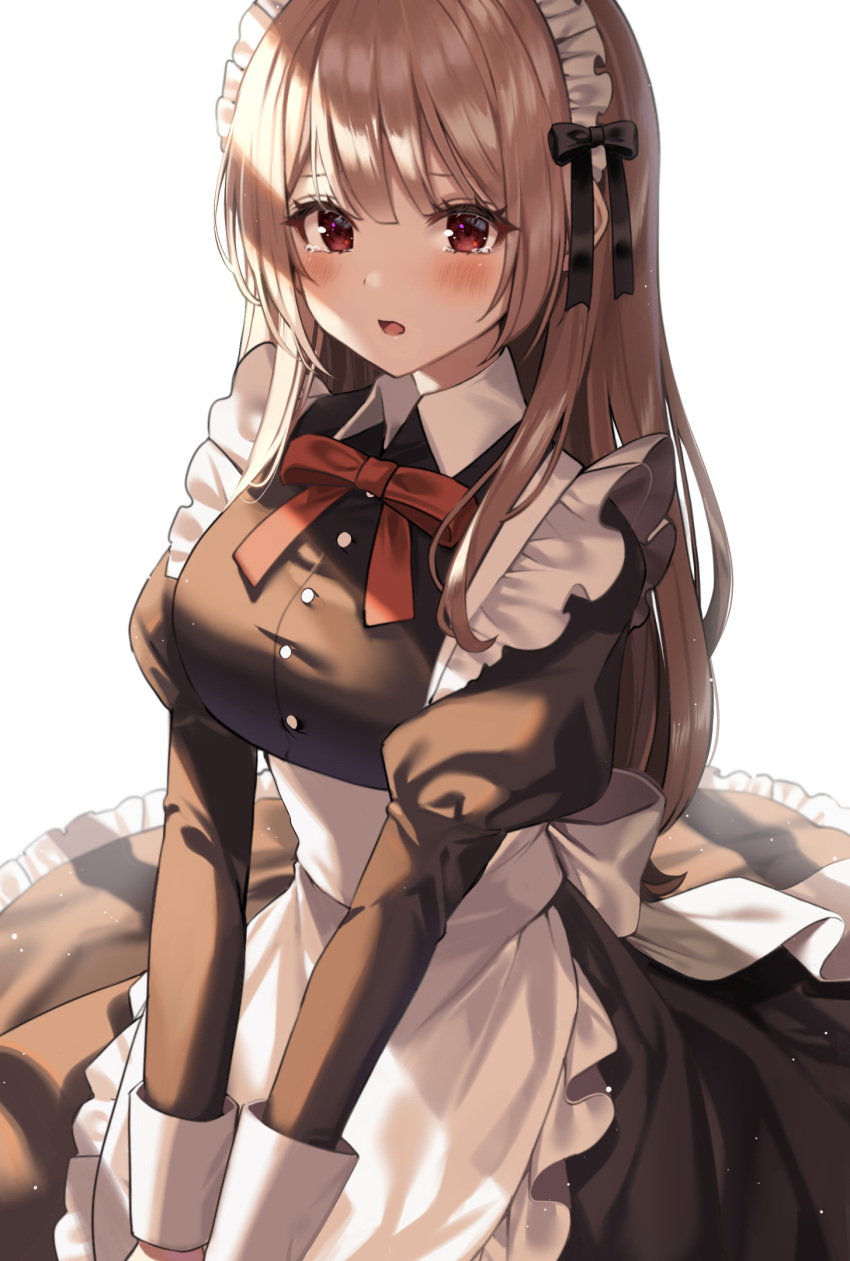 1girl apron black_dress blush breasts brown_eyes brown_hair circle_skirt collared_dress dress frilled_apron frills highres juliet_sleeves large_breasts long_hair long_sleeves looking_down maid maid_apron maid_headdress masyu_jyaga open_mouth original puffy_sleeves sleeve_cuffs solo tearing_up v_arms victorian_maid waist_apron white_apron