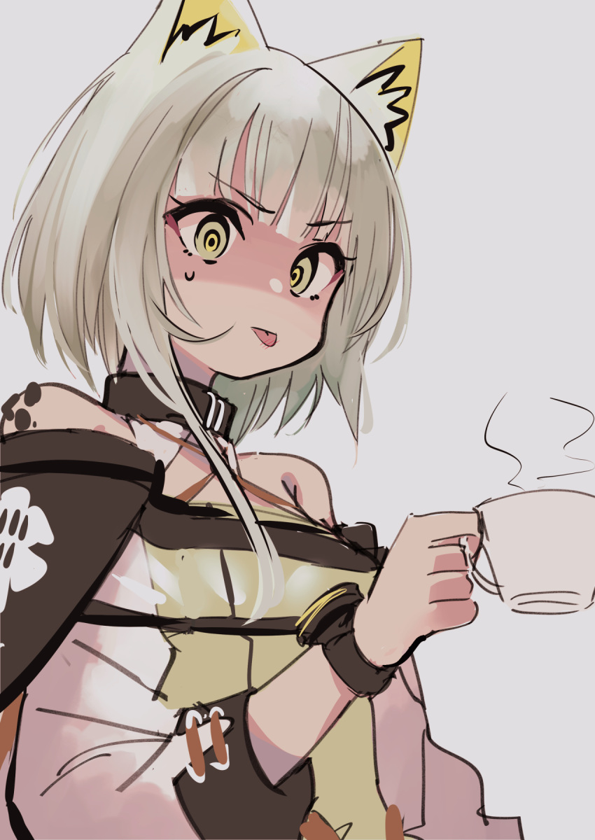 1girl animal_ear_fluff animal_ears arknights bangs bare_shoulders cat's_tongue cat_ears closed_mouth coffee_mug commentary_request cup detached_collar dress eyebrows_visible_through_hair green_dress green_eyes green_hair grey_background hand_up highres holding holding_cup kal'tsit_(arknights) mug off-shoulder_dress off_shoulder oripathy_lesion_(arknights) short_hair_with_long_locks simple_background solo sweatdrop tetuw tongue tongue_out upper_body watch wristwatch