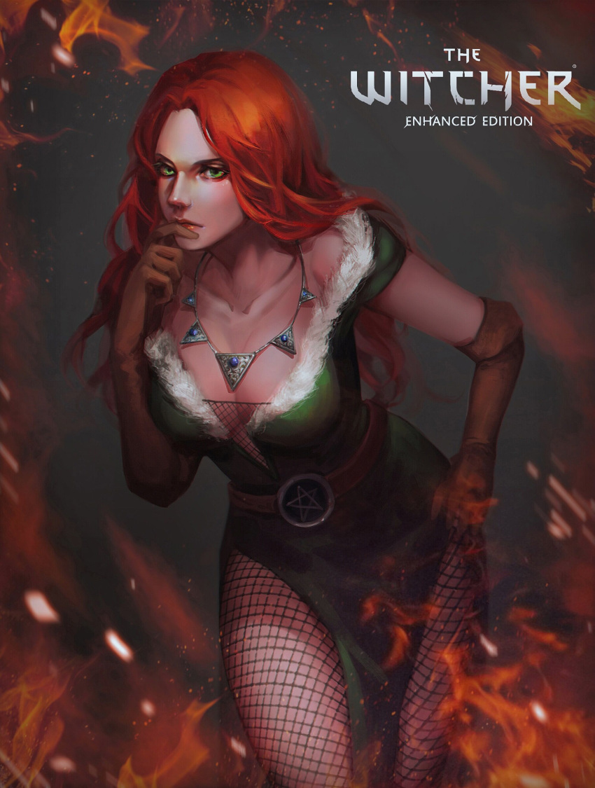 1girl absurdres dress fire fishnets fur_trim gem green_eyes highres jewelry long_hair necklace red_hair renshena solo_focus the_witcher_(series) triss_merigold