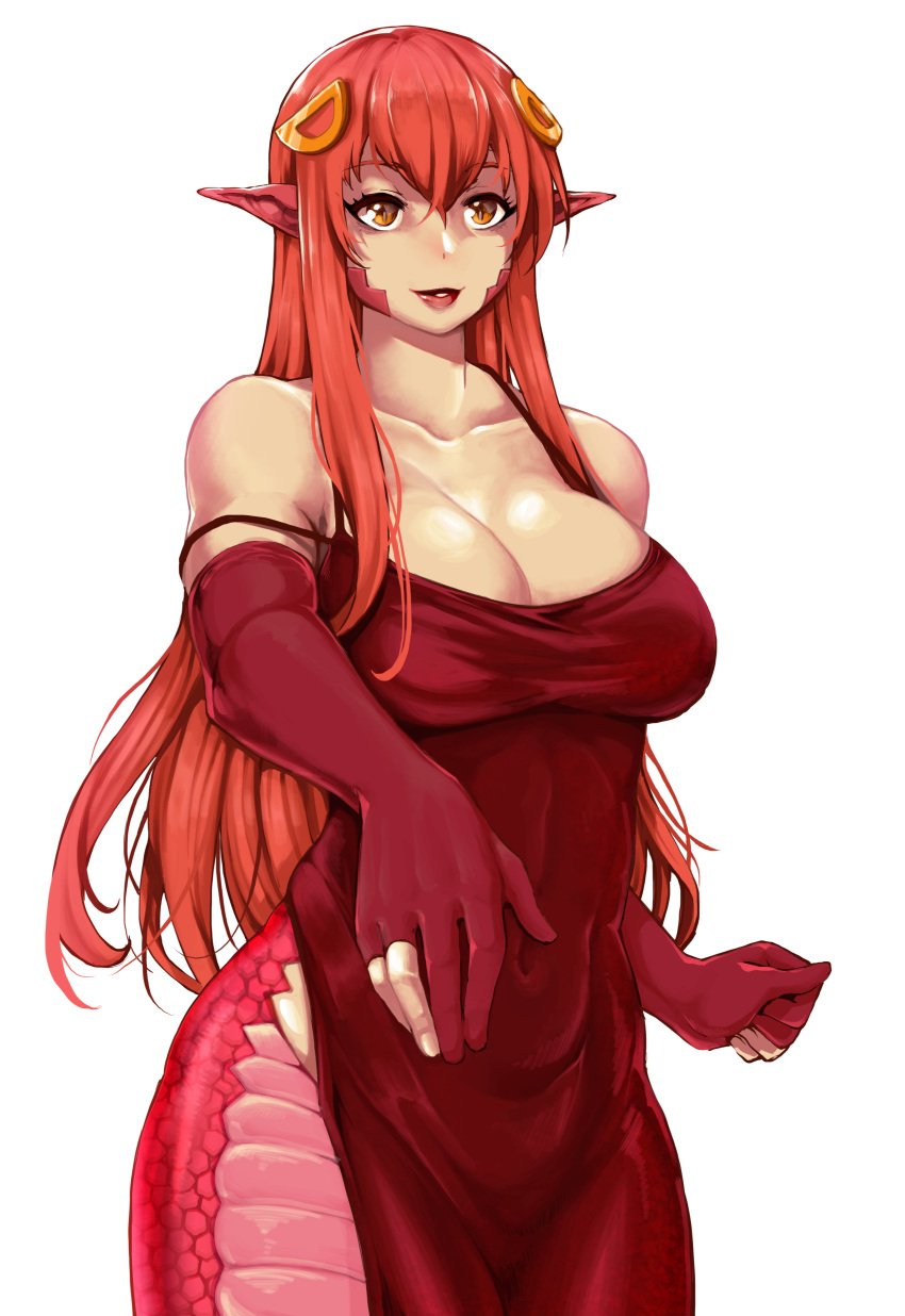 1girl absurdres bare_shoulders breasts cleavage collarbone commission commissioner_upload cowboy_shot curtains dress elbow_gloves fingernails gloves hair_between_eyes hair_ornament highres indoors lamia large_breasts lipstick long_hair makeup miia_(monster_musume) monster_girl monster_musume_no_iru_nichijou pointy_ears red_hair scales scribblesquab shiny shiny_hair shiny_skin sidelocks slit_pupils solo yellow_eyes