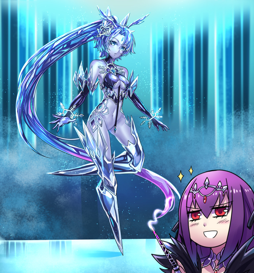 2girls :d absurdly_long_hair absurdres bare_shoulders blue_eyes blue_hair blue_skin breasts chibi chibi_inset circlet colored_skin commentary elbow_gloves elemental_(creature) english_commentary eyebrows_visible_through_hair fate/grand_order fate_(series) forehead_jewel fujimaru_ritsuka_(male) genderswap genderswap_(mtf) glacies_(monster_girl_encyclopedia) gloves highres ibenz009 ice long_hair monster_girl_encyclopedia multiple_girls navel no_feet ponytail purple_hair red_eyes scathach_(fate) scathach_skadi_(fate) small_breasts smile snowflakes transformation very_long_hair wand