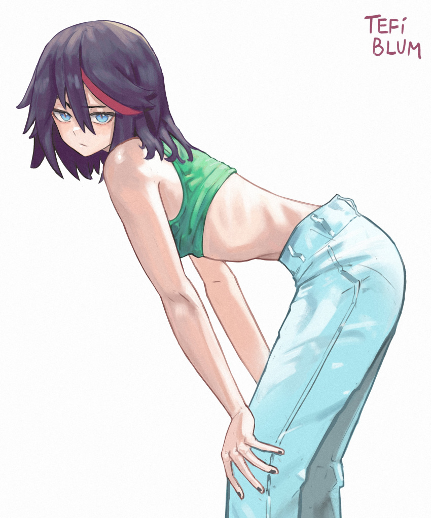 1girl absurdres alternate_costume artist_name backlighting bare_arms bent_over black_hair black_nails blue_eyes bra casual closed_mouth commentary denim english_commentary expressionless eyebrows_visible_through_hair feet_out_of_frame fingernails from_side green_bra hair_between_eyes hands_on_own_knees highres jeans kill_la_kill looking_at_viewer matoi_ryuuko medium_hair midriff multicolored_hair narrow_waist pants raised_eyebrow red_hair red_pupils ribs simple_background slit_pupils solo sports_bra standing streaked_hair tefi_blum tsurime underwear white_background