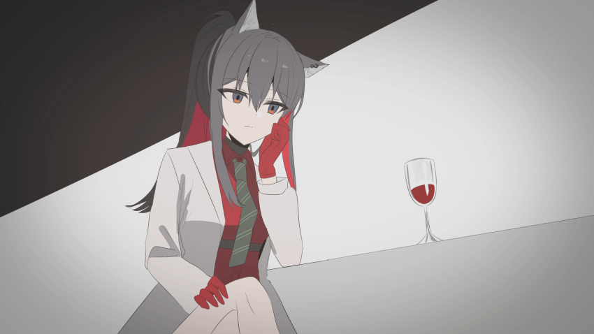 1girl alcohol animal_ear_fluff animal_ears arknights bangs black_background black_hair black_necktie brown_eyes chihuri closed_mouth collared_shirt commentary_request crossed_legs cup diagonal-striped_neckwear diagonal_stripes drinking_glass eyebrows_visible_through_hair gloves grey_background hair_between_eyes hand_on_own_knee hand_up high_ponytail highres jacket long_hair long_sleeves looking_away multicolored_hair necktie open_clothes open_jacket ponytail red_gloves red_hair red_shirt shirt solo striped striped_necktie texas_(arknights) two-tone_background two-tone_hair white_jacket wine wine_glass