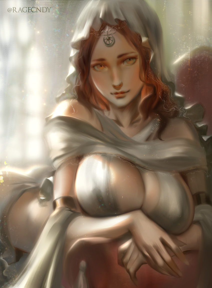 1girl breasts brown_hair cleavage curly_hair dark_souls_(series) highres jewelry large_breasts lips long_hair looking_at_viewer portrait queen_of_sunlight_gwynevere ragecndy yellow_eyes