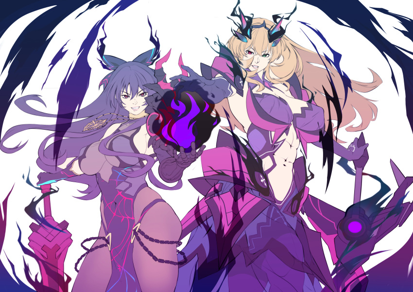 2girls abs absurdres armor ass aura blonde_hair bodysuit bow breasts cosplay costume_switch covered_navel dark_aura date_a_live dress fairy_knight_gawain_(fate) fairy_knight_gawain_(fate)_(cosplay) fate/grand_order fate_(series) green_eyes hair_bow hair_ornament heterochromia highres huge_breasts inoue_marina john48625555mkii long_dress multiple_girls muscular muscular_female orb outstretched_hand purple_hair red_eyes simple_background sword thighs voice_actor_connection weapon white_background wide_hips yatogami_tooka yatogami_tooka_(true_form) yatogami_tooka_(true_form)_(cosplay)