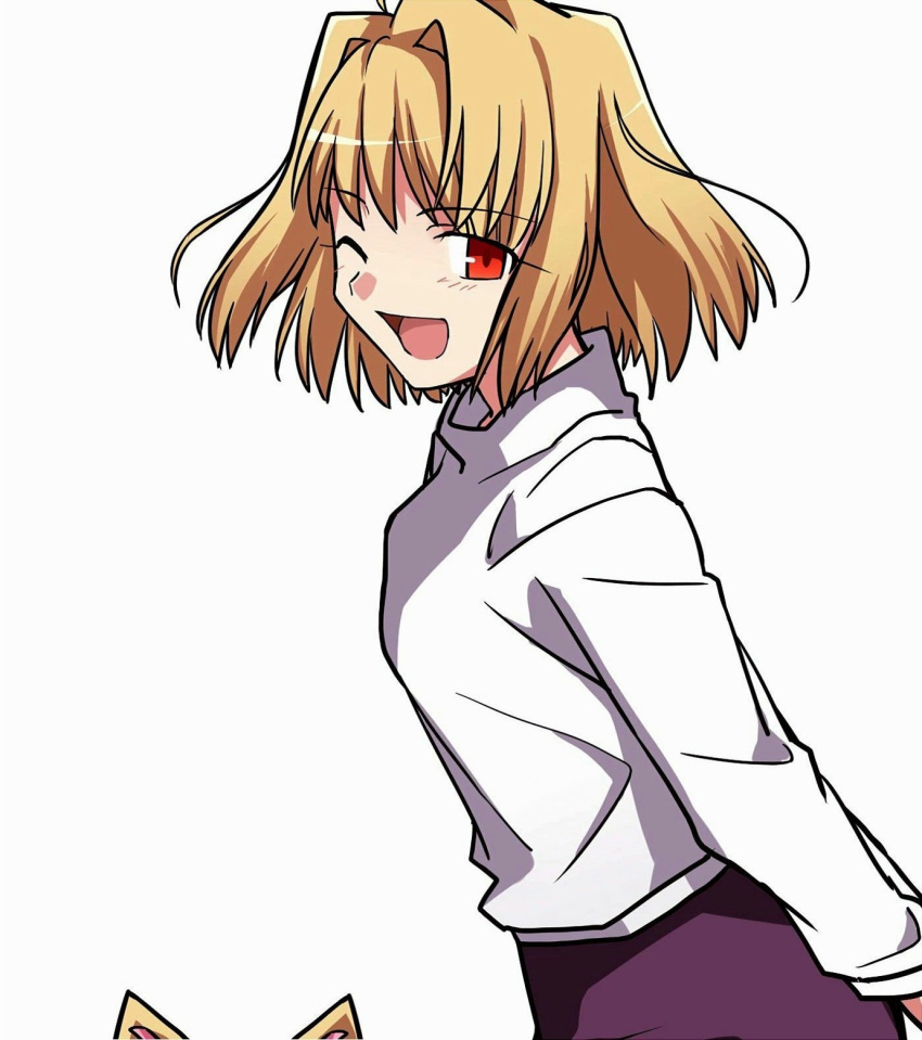 1girl animal_ears arcueid_brunestud arms_behind_back bangs blonde_hair cat_ears dress eyebrows_visible_through_hair from_side highres looking_at_viewer one_eye_closed open_mouth red_eyes shirt short_hair simple_background smile solo tsukihime white_background yuuma_(u-ma)