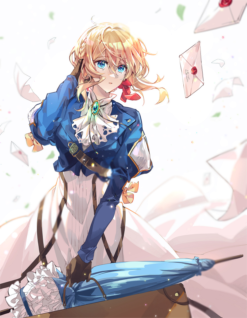 1girl absurdres blonde_hair blue_jacket blue_umbrella blurry blurry_background braid brown_gloves commentary_request dress floating_hair gloves hair_ribbon hand_in_hair highres jacket long_dress long_hair long_sleeves narugrm red_ribbon ribbon shiny shiny_hair single_braid solo standing umbrella violet_evergarden violet_evergarden_(series) white_dress