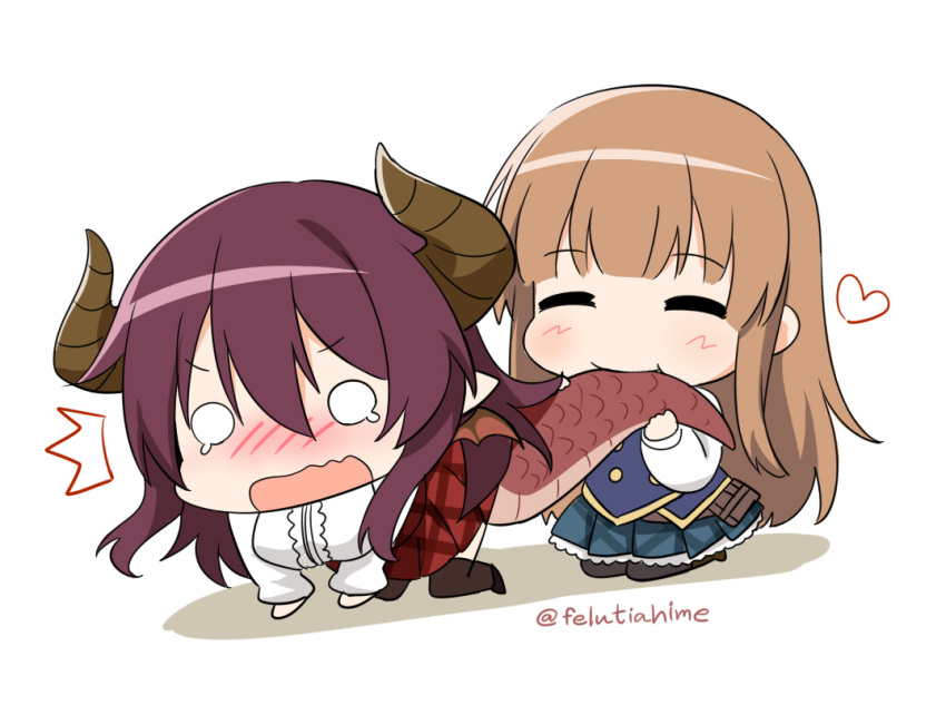 2girls =_= ^^^ all_fours anne_(shingeki_no_bahamut) bangs biting blonde_hair blunt_bangs blush breasts brown_hair chibi dragon_girl dragon_horns dragon_tail eyebrows_behind_hair eyebrows_visible_through_hair felutiahime grea_(shingeki_no_bahamut) hair_between_eyes heart hime_cut holding_another's_tail holding_tail horns long_hair long_sleeves manaria_friends multiple_girls nose_blush o_o plaid plaid_skirt pleated_skirt purple_eyes shingeki_no_bahamut short_hair simple_background sitting skirt smile tail tail_in_mouth tears thighhighs white_background yuri