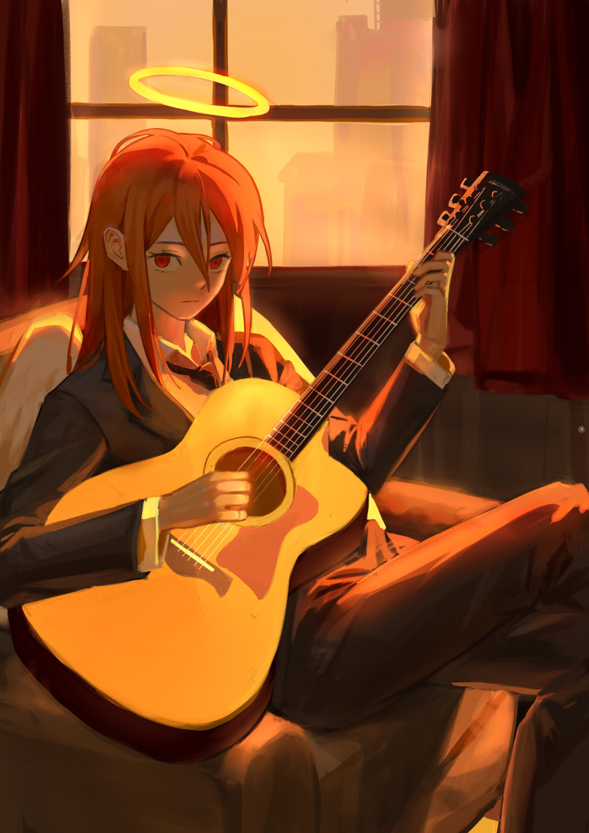 1boy absurdres angel_devil_(chainsaw_man) armchair bangs black_jacket black_necktie black_pants breasts brown_hair chainsaw_man chair closed_mouth collared_shirt commentary curtains feet_out_of_frame formal guitar hair_between_eyes halo highres holding holding_instrument indoors instrument jacket large_breasts long_hair looking_at_viewer male_focus necktie on_chair otoko_no_ko pants red_eyes shirt solo suit white_shirt window yuhuan
