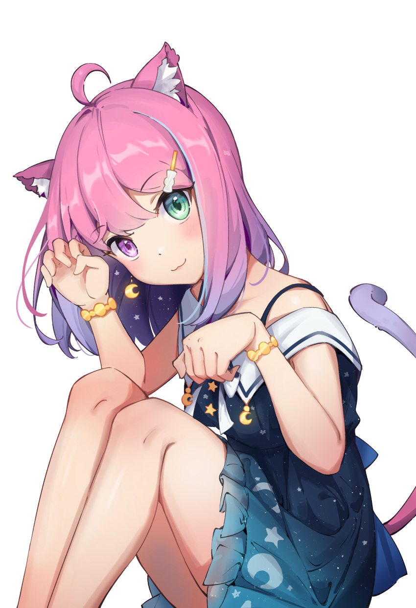 1girl :3 absurdres ahoge animal_ear_fluff animal_ears bangs bare_legs blue_dress blush bracelet candy_hair_ornament cat_ears cat_girl cat_tail closed_mouth commentary_request crescent crescent_earrings dress earrings eyebrows_visible_through_hair feet_out_of_frame food-themed_hair_ornament gradient_hair green_eyes hair_ornament head_tilt heterochromia highres himemori_luna hololive jewelry knees_up long_hair looking_at_viewer multicolored_hair paw_pose pink_hair print_dress purple_eyes purple_hair shyi sitting solo starry_sky_print tail tail_raised virtual_youtuber