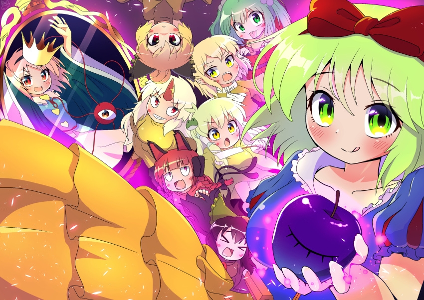 &gt;_&lt; 6+girls :d :q absurdres ahoge animal_ears apple bangs black_bow black_hair blonde_hair blue_shirt bow braid bucket cat_ears cat_tail closed_eyes closed_mouth cosplay crown eyebrows_visible_through_hair food frog_hair_ornament fruit gohei green_bow green_eyes green_hair grin hair_bobbles hair_bow hair_ornament hair_tubes heart highres holding holding_food holding_fruit hoshiguma_yuugi kaenbyou_rin kisume kochiya_sanae komeiji_koishi komeiji_satori kurodani_yamame looking_at_viewer mirror mizuhashi_parsee multiple_girls multiple_tails nekomata open_mouth pink_hair pink_skirt polyhedron2 red_bow red_eyes red_hair reiuji_utsuho scarf shirt short_hair short_sleeves skirt smile snake_hair_ornament snow_white_(disney) snow_white_(disney)_(cosplay) snow_white_and_the_seven_dwarfs subterranean_animism tail third_eye tongue tongue_out touhou twin_braids twintails two_tails v-shaped_eyebrows white_scarf wooden_bucket yellow_eyes yellow_skirt