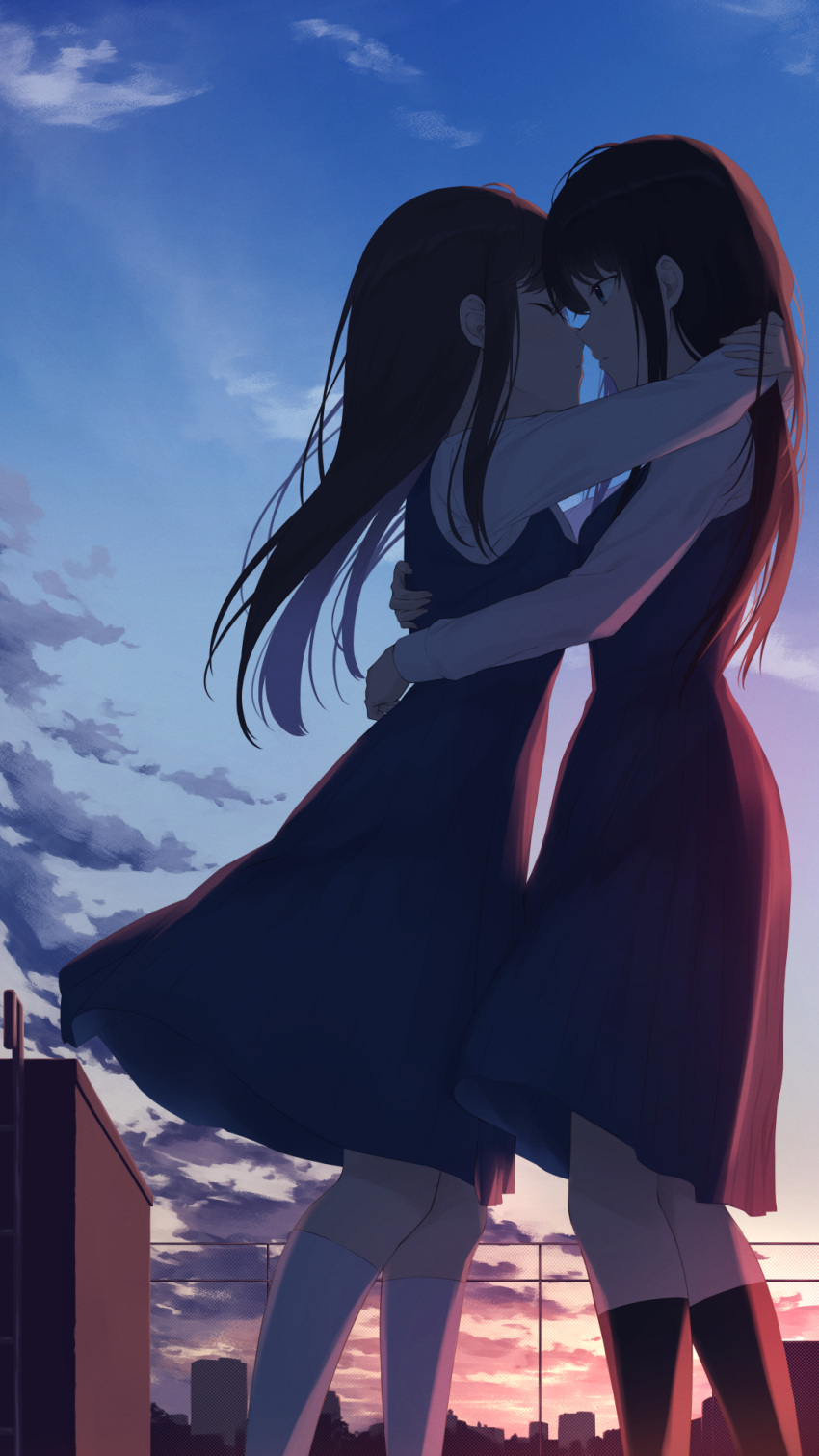 2girls arms_around_back arms_around_neck black_hair black_legwear blue_eyes breasts brown_hair building city closed_eyes cloud cloudy_sky couple dress fence gradient gradient_background gradient_sky hand_on_another's_back highres hug imminent_kiss legs long_sleeves looking_at_another medium_breasts medium_hair multiple_girls nuenue original outdoors playground school_uniform sky socks sunset white_legwear yuri
