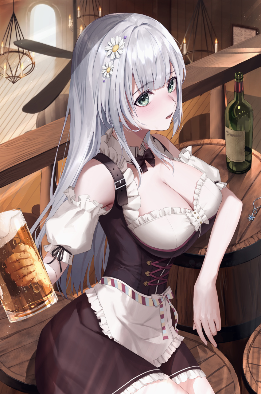1girl absurdres apron bangs barmaid barrel beer_mug black_bow black_bowtie black_skirt blush bottle bow bowtie breasts bustier cleavage cup detached_collar detached_sleeves eyebrows_visible_through_hair flower frilled_apron frilled_skirt frills green_eyes hair_flower hair_intakes hair_ornament highres holding holding_cup hololive indoors large_breasts leaning_to_the_side long_hair miniskirt mug narukami_arei open_mouth shiny shiny_hair shirogane_noel short_sleeves silver_hair sitting skirt solo very_long_hair virtual_youtuber waist_apron white_apron white_flower white_sleeves wine_bottle wing_collar