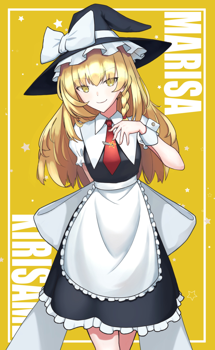 1girl apron arm_behind_back back_bow bangs black_skirt black_vest blonde_hair blush bow braid breasts character_name collared_shirt commentary english_text eyebrows_visible_through_hair frilled_apron frilled_skirt frills hand_on_own_chest hat hat_ribbon highres kirisame_marisa long_hair long_sleeves looking_at_viewer medium_breasts necktie puffy_short_sleeves puffy_sleeves red_necktie ribbon shirt shiu_29 short_sleeves single_braid skirt smile solo standing touhou vest waist_apron white_apron white_bow white_ribbon white_shirt wing_collar witch_hat wrist_cuffs yellow_background yellow_eyes