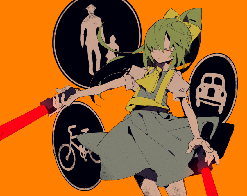 1girl alternate_eye_color ascot bangs blue_shirt blue_vest bobo_(nicoseiga29478507) bow closed_mouth commentary cookie_(touhou) daiyousei diyusi_(cookie) dual_wielding expressionless feet_out_of_frame green_hair hair_between_eyes hair_bow half-closed_eyes high-visibility_vest highres holding long_hair looking_at_viewer off orange_background ponytail puffy_short_sleeves puffy_sleeves red_eyes road_sign shirt short_sleeves sign solo touhou traffic_baton vest yellow_ascot yellow_bow