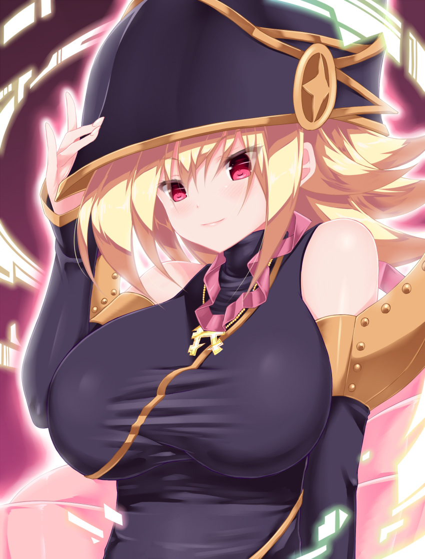 1girl bare_shoulders black_gloves black_headwear blonde_hair breasts calcio cleavage detached_sleeves duel_monster elbow_gloves gagaga_girl gloves hair_between_eyes hand_on_headwear hat highres jewelry large_breasts looking_at_viewer medium_hair necklace outline pink_background pink_outline red_eyes smile white_outline wizard_hat yu-gi-oh! yu-gi-oh!_zexal
