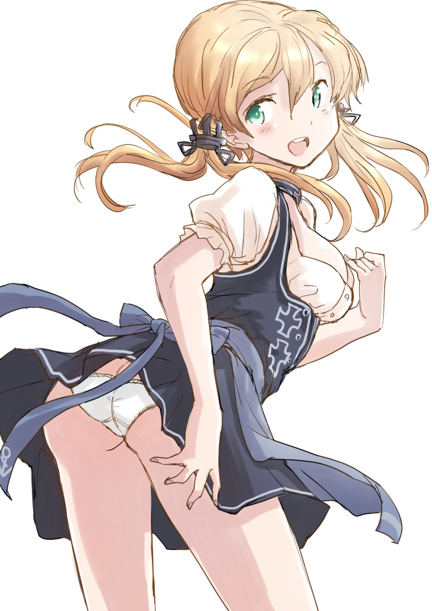 1girl alternate_costume anchor_hair_ornament apron aqua_eyes ass blonde_hair blouse bodice commentary_request dirndl dress from_behind fuji_(pixiv24804665) german_clothes hair_ornament highres kantai_collection long_hair looking_at_viewer looking_back open_mouth panties pinafore_dress prinz_eugen_(kancolle) puffy_short_sleeves puffy_sleeves round_teeth short_sleeves simple_background skirt smile solo teeth twintails underwear upper_teeth waist_apron white_background white_panties