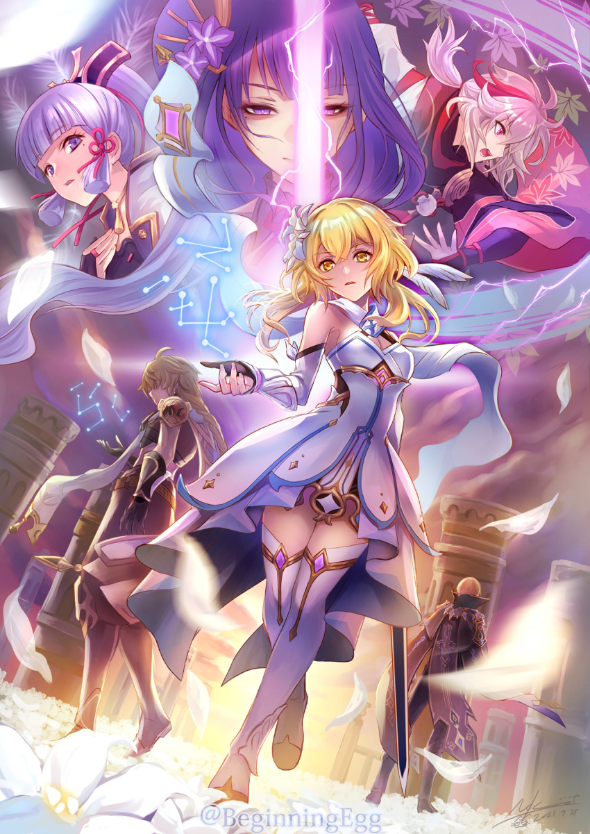 3boys 3girls aether_(genshin_impact) black_gloves blonde_hair blue_eyes commentary_request dainsleif_(genshin_impact) dress feather_hair_ornament feathers flower genshin_impact gloves hair_flower hair_ornament highres holding holding_sword holding_weapon kaedehara_kazuha kamisato_ayaka left-handed light_blue_hair long_hair lumine_(genshin_impact) multiple_boys multiple_girls nekobayashi open_mouth partially_fingerless_gloves purple_eyes purple_hair raiden_shogun red_eyes scarf shoes short_hair short_hair_with_long_locks sword thighhighs weapon white_dress white_footwear white_legwear white_scarf yellow_eyes zettai_ryouiki