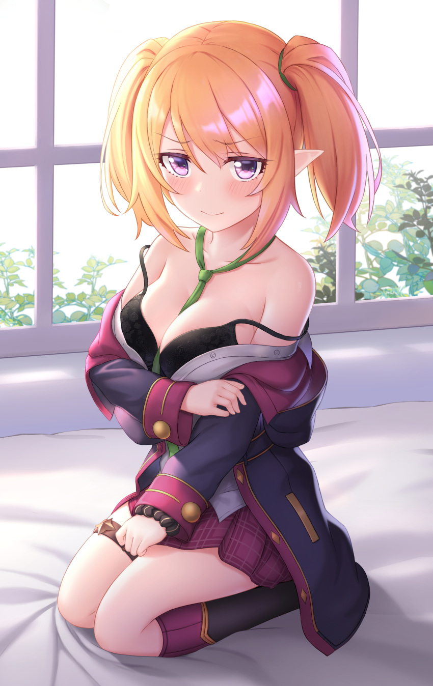 1girl absurdres bangs bare_shoulders bed_sheet black_bra blonde_hair blush bra breasts cementite chloe_(princess_connect!) cleavage clothes_pull collarbone commentary eyebrows_visible_through_hair green_necktie hair_between_eyes highres kneehighs kneeling looking_at_viewer medium_breasts necktie on_bed pointy_ears princess_connect! purple_eyes shirt shirt_pull skirt smile strap_slip thighlet twintails unbuttoned underwear window
