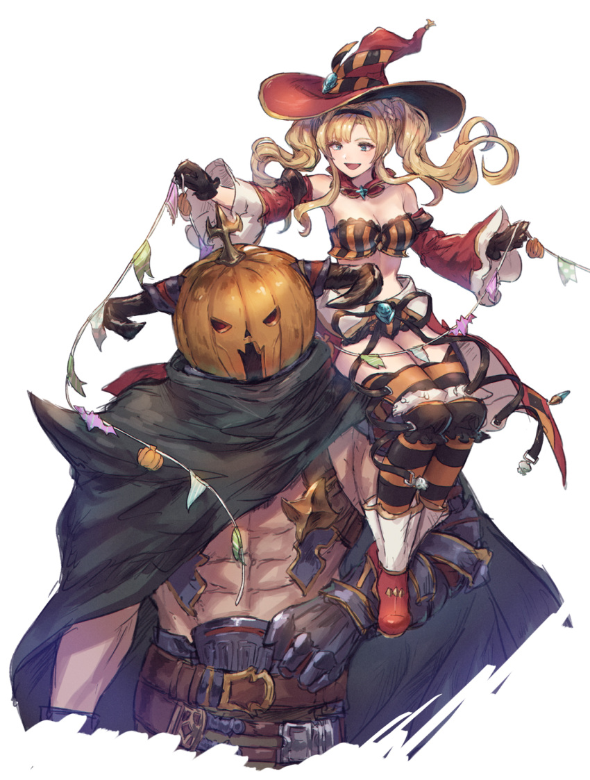 1boy 1girl abs bandeau belt black_gloves blonde_hair breasts bunting cape cleavage commentary_request covered_face cropped_legs detached_sleeves draph gauntlets gloves granblue_fantasy hairband hat highres horns jack-o'-lantern long_hair medium_breasts open_mouth pumpkin_hat red_footwear shimatani_azu simple_background sitting_on_shoulder striped striped_legwear thighhighs twintails upper_body vaseraga white_background witch_hat zeta_(granblue_fantasy)