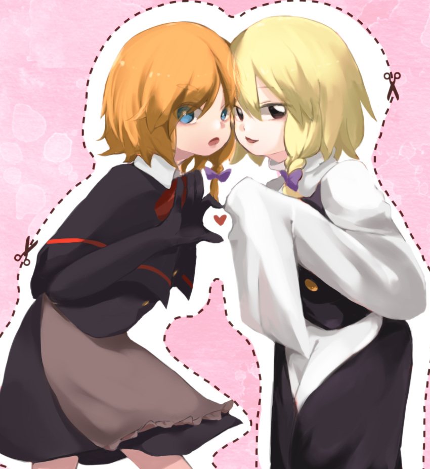 2girls apron bangs black_capelet black_eyes black_gloves black_skirt black_vest blonde_hair blue_eyes bow braid brown_apron buttons capelet commentary_request cookie_(touhou) dare_who_zzzz dotted_line elbow_gloves eyebrows_visible_through_hair eyes_visible_through_hair feet_out_of_frame gloves hair_bow heart heart_hands heart_hands_duo highres kirisame_marisa looking_at_viewer medium_hair meguru_(cookie) multiple_girls no_hat no_headwear open_mouth purple_bow scissors shirt side_braid single_braid skirt sleeves_past_fingers sleeves_past_wrists smile touhou turtleneck vest waist_apron white_shirt yuuhi_(cookie)