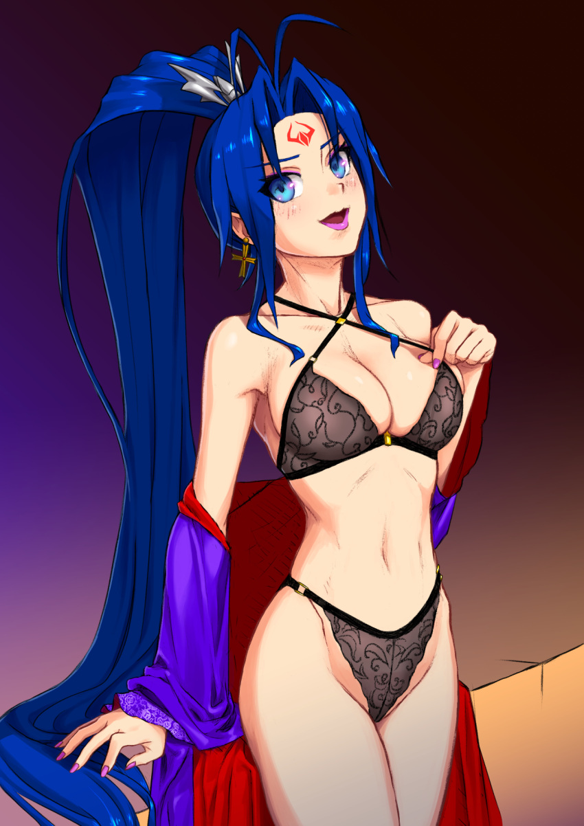 1girl black_bra blue_eyes blue_hair bra breasts cleavage earrings facial_mark highres jewelry long_hair looking_at_viewer magical_halloween nail_polish navel open_mouth panties ponytail rosemary_bergamot ryohhe simple_background smile solo underwear