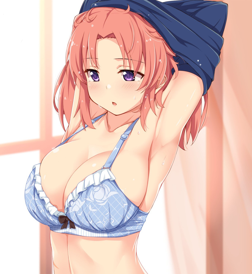 1girl armpits arms_up bangs blue_bra blush bra breasts cleavage clothes_lift collarbone commentary_request dou-t eyebrows_visible_through_hair highres indoors large_breasts mikakunin_de_shinkoukei open_mouth parted_bangs pink_hair purple_eyes shirt_lift short_hair solo sweat underwear yonomori_kobeni