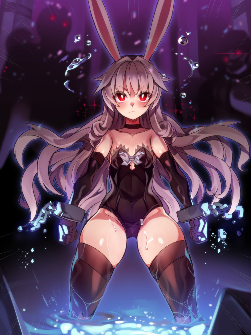 1girl 2others animal_ears bare_shoulders black_gloves black_legwear black_leotard breasts broken broken_chain chain choker clenched_hands cuffs ddg160 elbow_gloves elin gloves glowing glowing_eyes groin hair_intakes highres legs_apart leotard long_hair multiple_others rabbit_ears red_eyes silver_hair skindentation small_breasts strapless strapless_leotard tera_online thick_thighs thighhighs thighs wading water wet
