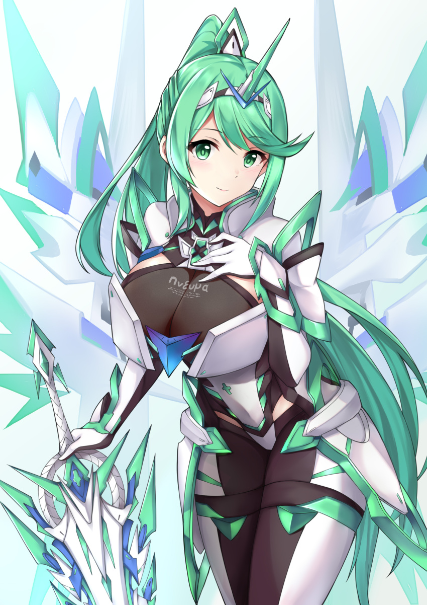 1girl absurdres bangs breasts chest_jewel earrings gloves greek_text green_eyes green_hair highres jewelry large_breasts long_hair pneuma_(xenoblade) ponytail solo swept_bangs tiara very_long_hair xenoblade_chronicles_(series) xenoblade_chronicles_2 xiao_qi