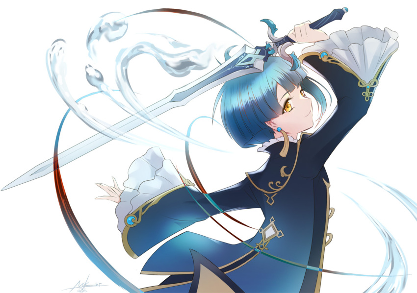 1boy blue_hair chinese_clothes closed_mouth commentary_request earrings frilled_sleeves frills genshin_impact holding holding_sword holding_weapon jewelry long_sleeves male_focus nekobayashi short_hair smile solo sword water weapon xingqiu_(genshin_impact)