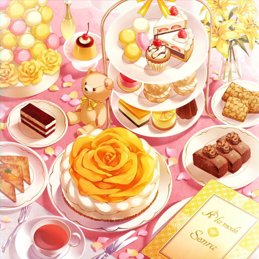 cake cake_slice cherry commentary_request cream_puff cup cupcake flower food food_focus food_request fork fruit gelatin highres knife macaron menu no_humans original pudding saucer still_life strawberry stuffed_animal stuffed_toy tea teacup teddy_bear tiered_tray vase yellow_flower yumesaki