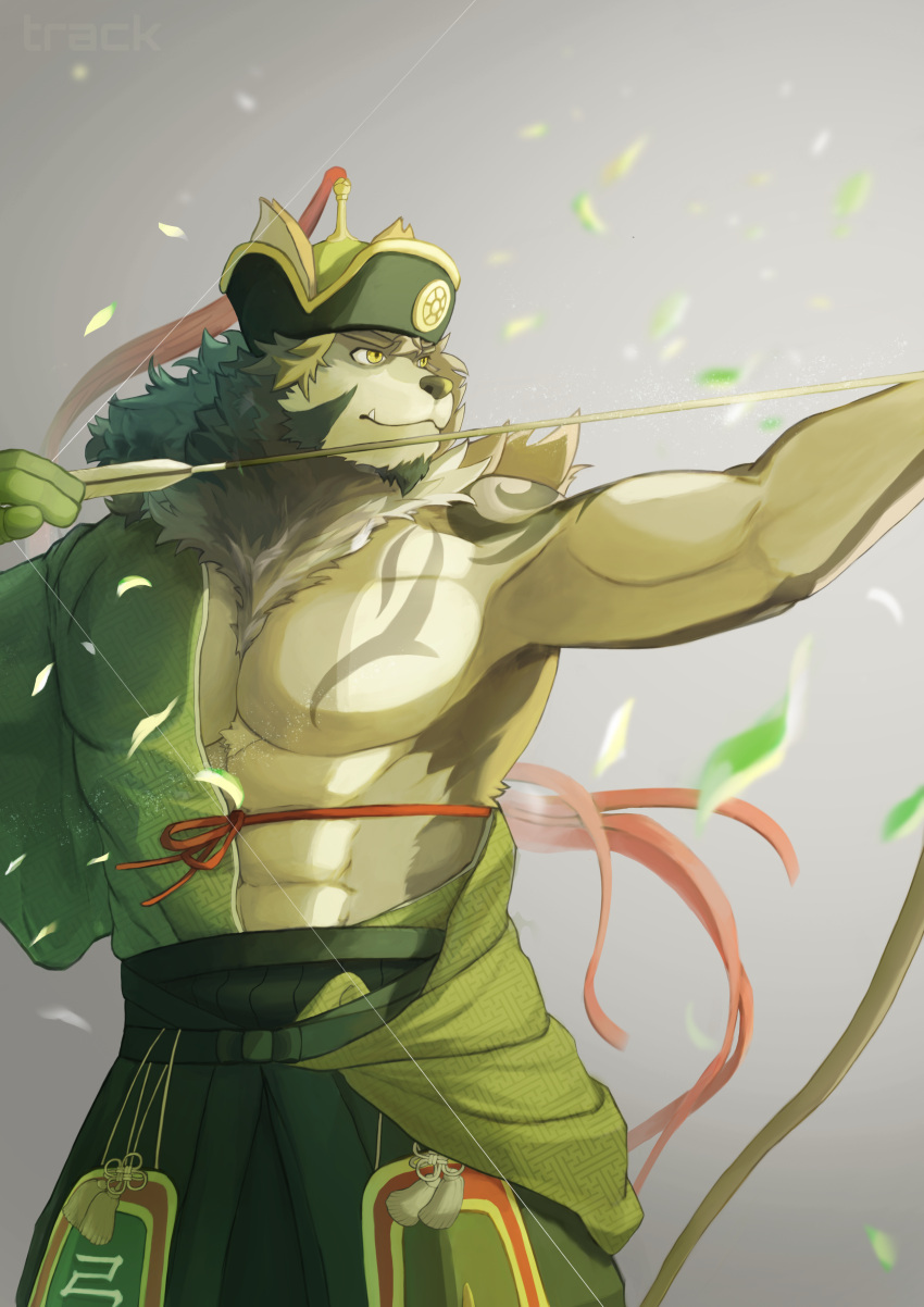 1boy abs absurdres animal_ears bara bare_pectorals beige_fur bow_(weapon) brown_hair commentary_request drawing_bow facial_hair fang feet_out_of_frame furry furry_male goatee green_kimono hadanugi_dousa hair_between_eyes hakama hakama_pants highres holding holding_bow_(weapon) holding_weapon japanese_clothes kimono large_pectorals looking_to_the_side male_focus mature_male muscular muscular_male no_nipples open_clothes open_kimono pants pectorals short_hair solo stomach temujin_(housamo) tokyo_afterschool_summoners torakku_(toratruck9) weapon wolf_boy wolf_ears