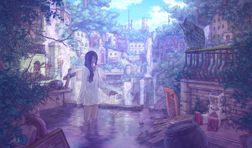 1girl bird black_hair building city cloud highres house junpei_(juntonanotukunanika) leaf long_hair long_sleeves original owl plant robot scenery sky tree water