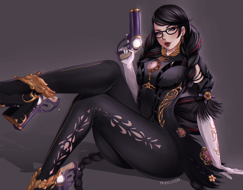 1girl absurdres artist_name bayonetta bayonetta_(series) bayonetta_3 black_hair blue_eyes braid breasts commentary_request earrings elbow_gloves flower full_body glasses gloves grey_background gun hair_flower hair_ornament high_heels highres holding holding_gun holding_weapon jewelry lipstick long_hair looking_at_viewer makeup mature_female medium_breasts mole mole_under_mouth multiple_braids nyiccco puffy_short_sleeves puffy_sleeves short_sleeves sitting solo trigger_discipline very_long_hair weapon white_gloves