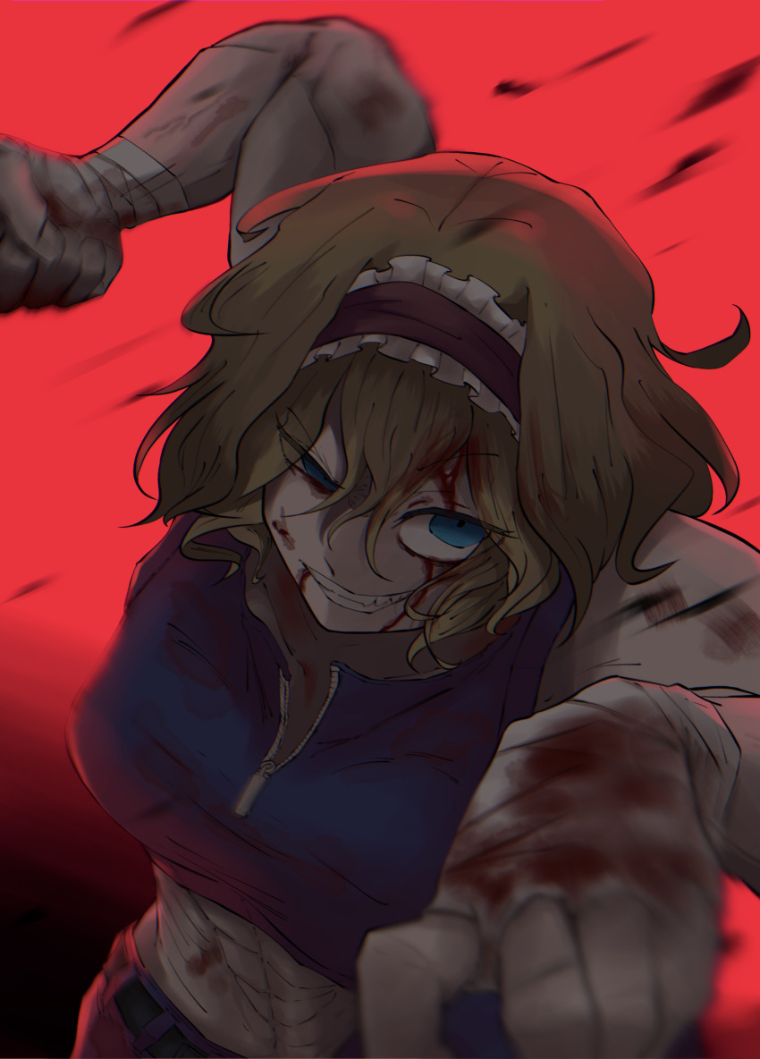 1girl abs absurdres alice_margatroid bangs blonde_hair blood blood_in_hair blood_on_clothes blood_on_face blue_eyes blue_sports_bra commentary_request cookie_(touhou) cowboy_shot frilled_hairband frills grin hairband hand_wraps highres incoming_attack incoming_punch looking_afar muscular muscular_female odoro_(nicoseiga81184094) punching red_background red_hairband sakuranbou_(cookie) short_hair smile solo sports_bra touhou uneven_eyes zipper