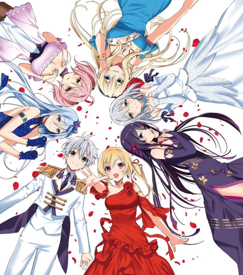 1boy 6+girls ahoge airi_arcadia bangs bare_shoulders black_hair blonde_hair blue_dress blue_eyes blue_gloves blue_hair blue_ribbon blush breasts bridal_gauntlets brown_eyes celistia_ralgris circle_formation cleavage closed_mouth commentary_request dress eyebrows_visible_through_hair from_above ga_bunko gloves grey_eyes hair_between_eyes hair_ribbon hands_on_own_chest harem heterochromia highres kirihime_yoruka krulcifer_einfolk large_breasts lisesharte_atismata long_hair looking_at_viewer lux_arcadia medium_breasts multiple_girls murakami_yuichi novel_illustration official_alternate_costume official_art open_mouth parted_lips petals philuffy_aingram pink_hair purple_dress reaching_out red_dress red_eyes red_ribbon ribbon saijaku_muhai_no_bahamut second-party_source short_twintails side_ponytail silver_hair simple_background small_breasts smile textless twintails white_background white_dress