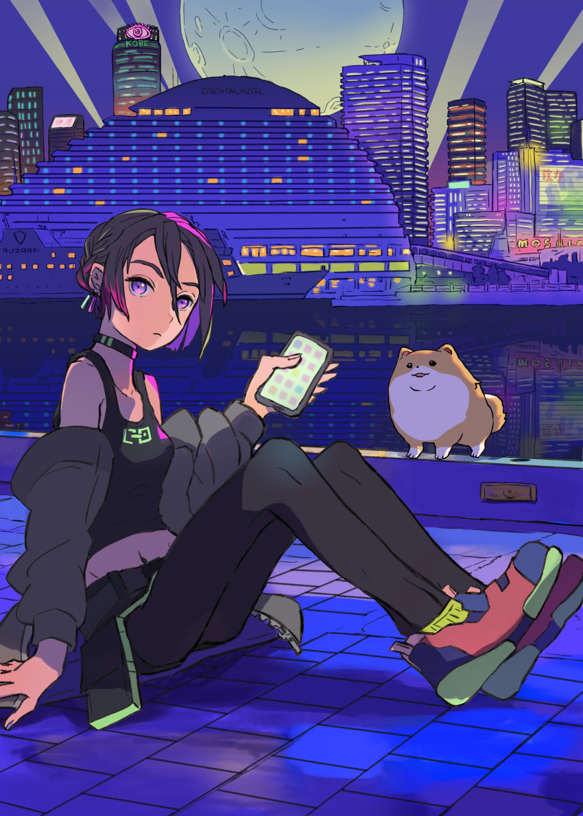 1girl absurdres black_hair building cellphone choker city dog highres neon_lights night original pantyhose phone purple_eyes short_hair sitting takaichi_(tkch) tank_top