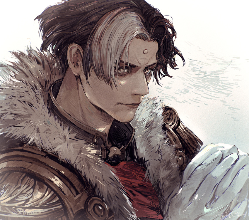 1boy brown_hair commentary_request emet-selch epaulettes final_fantasy final_fantasy_xiv fur-trimmed_jacket fur_trim garlean gloves highres jacket looking_afar male_focus multicolored_hair own_hands_clasped own_hands_together portrait short_hair third_eye tomatika two-tone_hair white_gloves white_hair yellow_eyes