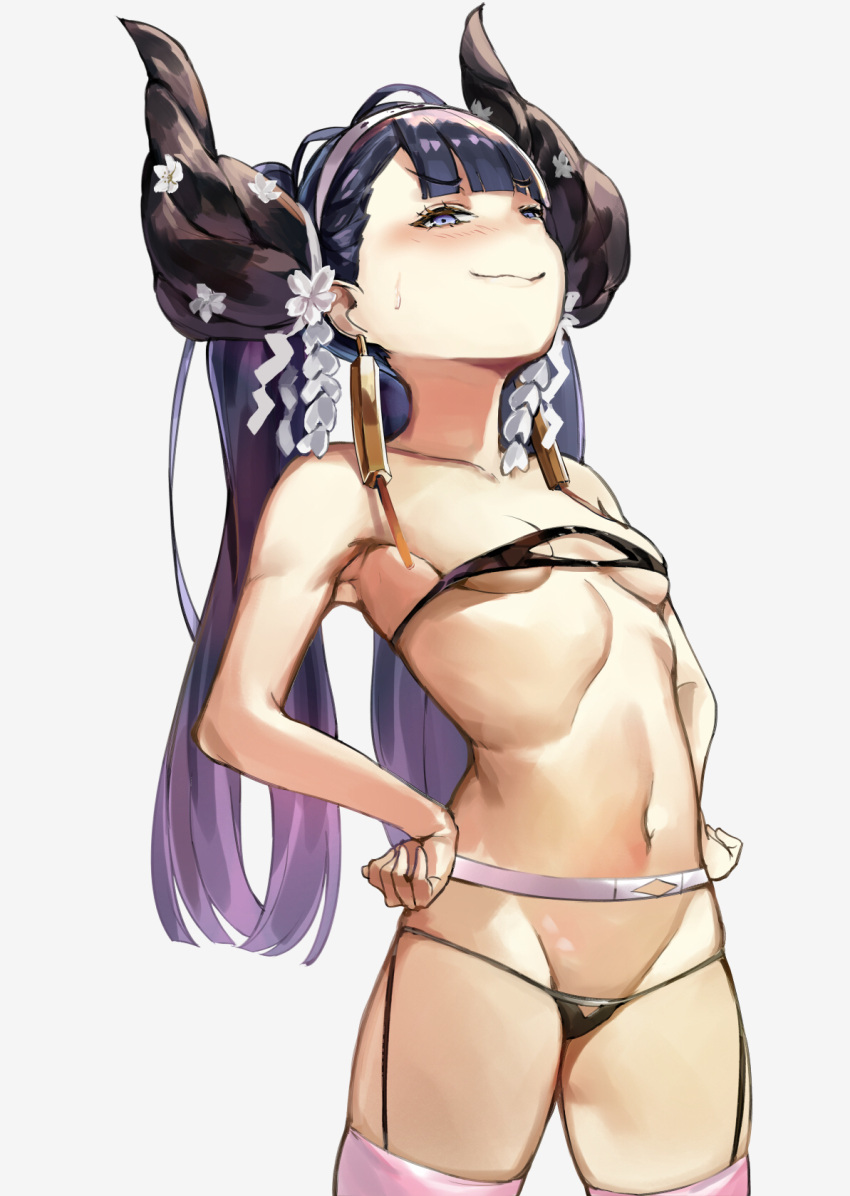 1girl azur_lane bangs bare_shoulders black_bra black_hair black_panties blue_eyes blunt_bangs blush bra breasts cleavage closed_mouth collarbone commentary_request cowboy_shot earrings eyebrows_visible_through_hair garter_belt groin hair_ornament hairband hands_on_hips head_tilt highres horns jewelry katsuragi_(azur_lane) long_hair looking_at_viewer micro_bra micro_panties navel nervous_smile panties partial_commentary pink_legwear pooor simple_background skindentation small_breasts solo standing stomach sweat thighhighs twintails underboob underwear underwear_only white_background white_hairband