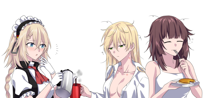 3girls :o absurdres bite_mark blonde_hair blue_eyes blush braid breasts brown_hair closed_eyes closed_mouth coffee coffee_mug collarbone cup eating eyebrows_visible_through_hair female_commander_(girls'_frontline) flask food food_in_mouth fork g36_(girls'_frontline) german_flag girls'_frontline gloves green_eyes hickey highres long_hair looking_at_another looking_down maid maid_headdress messy_hair mug multiple_girls open_clothes open_mouth open_shirt pancake shirt stg44_(girls'_frontline) suprii tank_top upper_body white_background white_gloves white_shirt yuri